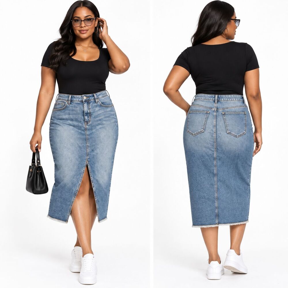 Torrid Womens The 101 Midi Denim Front Slit Skirt Size 12 Light Wash Raw Hem NWT